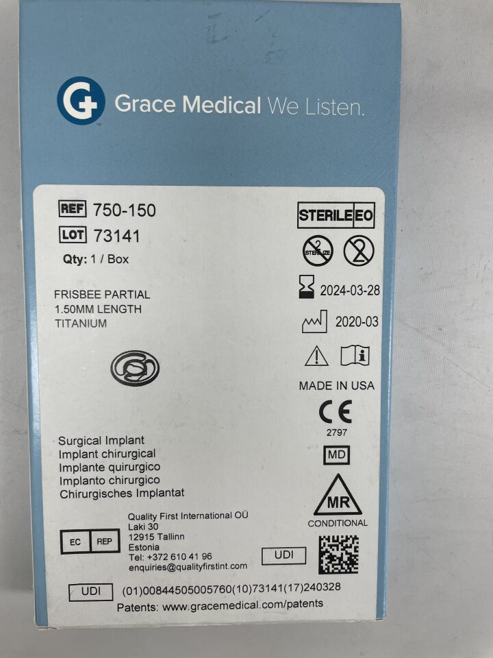 750-150 - GRACE MEDICAL - Frisbeee Partial, 1.50mm LENGTH x 3.0mm diameter,  Ossicular Prosthesis, Titanium, (BX/1) - ( Expiry Date: 2024-03-28 )