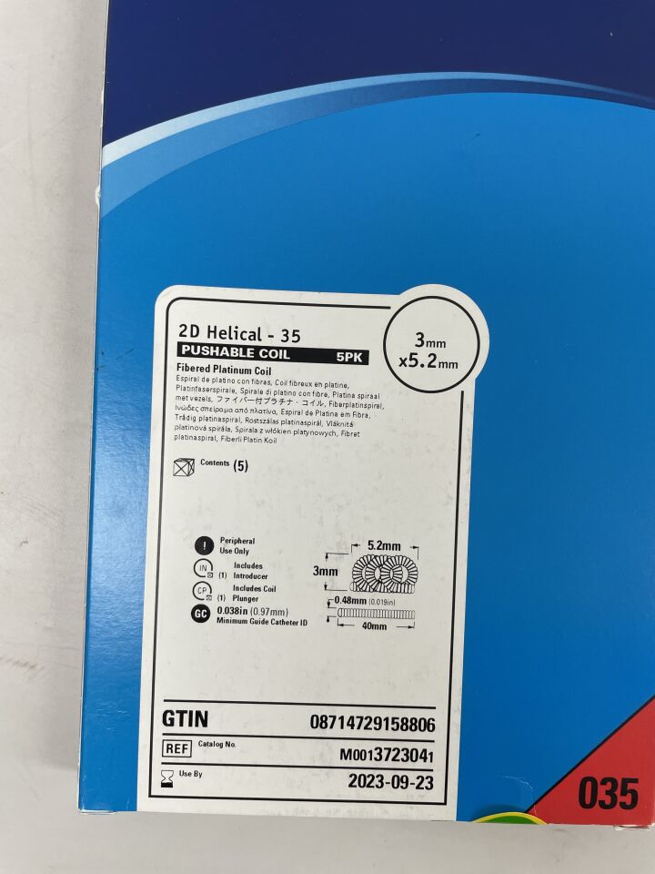 372304 - BOSTON SCIENTIFIC - 2D Helical - 35 Fibered Platinum Coil, pushable coil, 3mm x 5.2mm, (BX/5) - ( Expiry Date: 2023-09-23 )