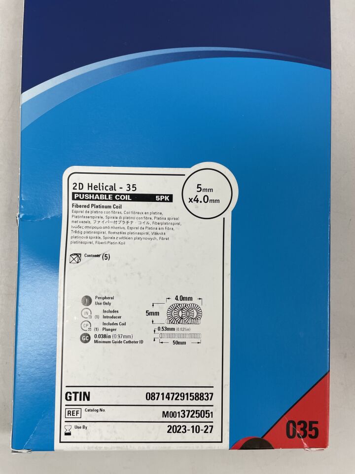 372505 - BOSTON SCIENTIFIC - 2D Helical - 35 Fibered Platinum Coil, pushable coil, 5mm x 4.0mm, (BX/5) - ( Expiry Date: 2023-10-27 )