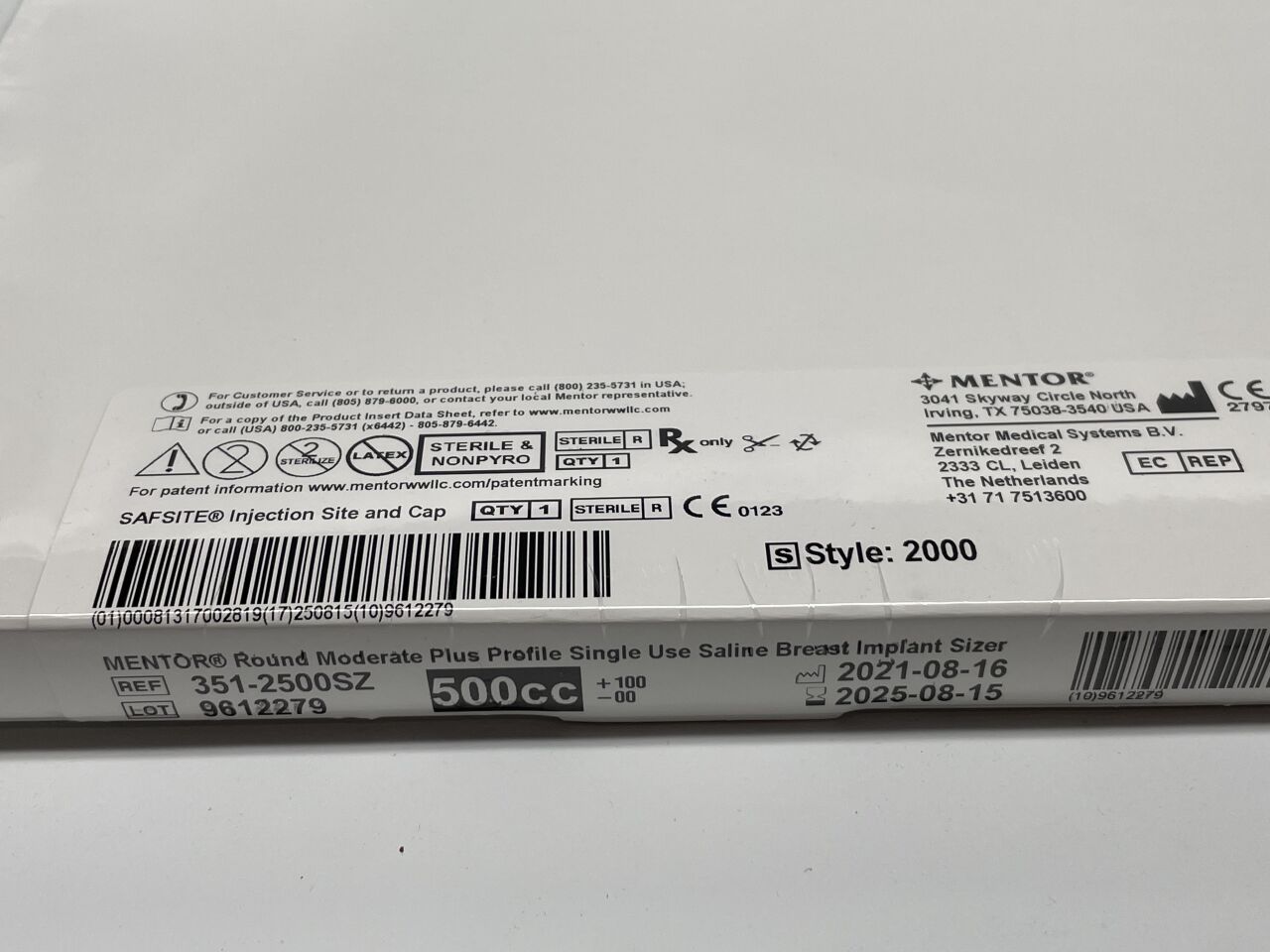 351-2500SZ - MENTOR - 圓形中等高度鹽水乳房假體尺寸測量器，500cc，（BX/1）-（有效期至：2025-08-15）