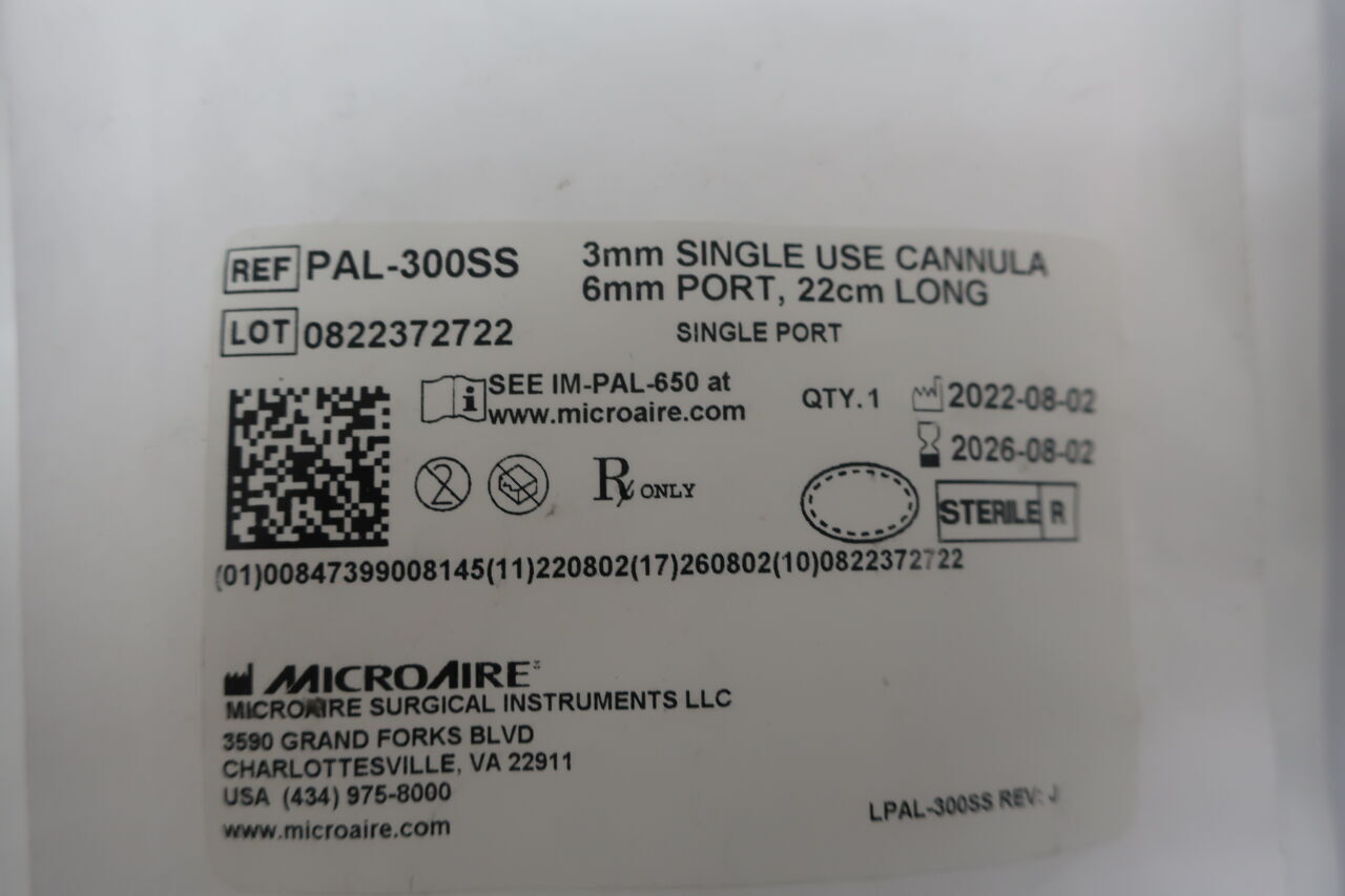 PAL-300SS - MICRO-AIRE - 3mm 一次性套管，6mm 端口，22 厘米長，（EA）-（有效期至：2026-08-02）