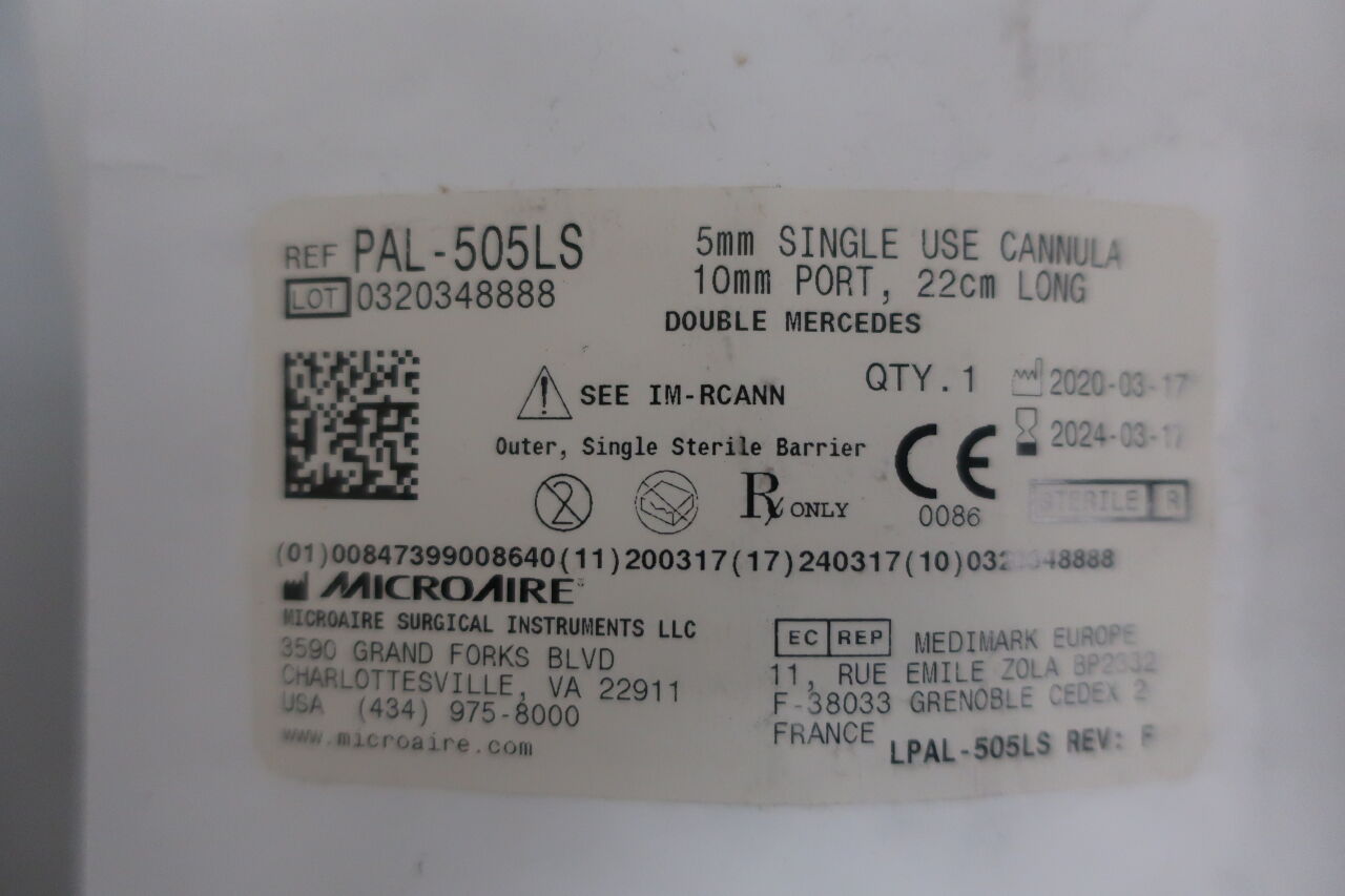 PAL-505LS - MICRO-AIRE - 5mm 一次性套管，10mm 端口，22cm 長，（EA）-（有效期至：2025-04-29）