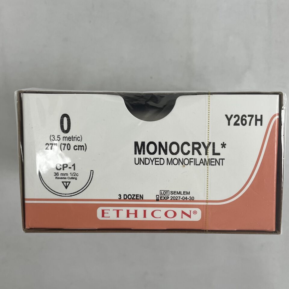 Y267H - ETHICON - MONOCRYL 縫線，0 號，27 吋長未染色單絲，CP 1 36MM，1/2 圓反向切割，（BX/36）-（效期：2025-02-28）