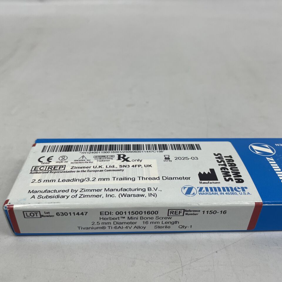 1150-16  -  ZIMMER  -  Herbert Mini Bone Screw, 2.5mm diameter, 16mm length, 3.2mm trailing thread diameter , ( BX/1 )  -  ( Expiry Date : 2025-03-01 )
