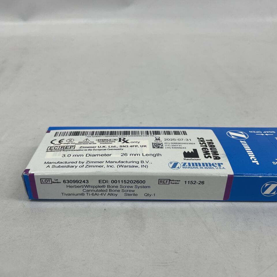 1152-26  -  ZIMMER  -  Herbert/Whipple Bone Screw System, Cannualted bone screw, 3.0mm diameter, 26mm length , ( BX/1 )  -  ( Expiry Date : 2025-07-31 )