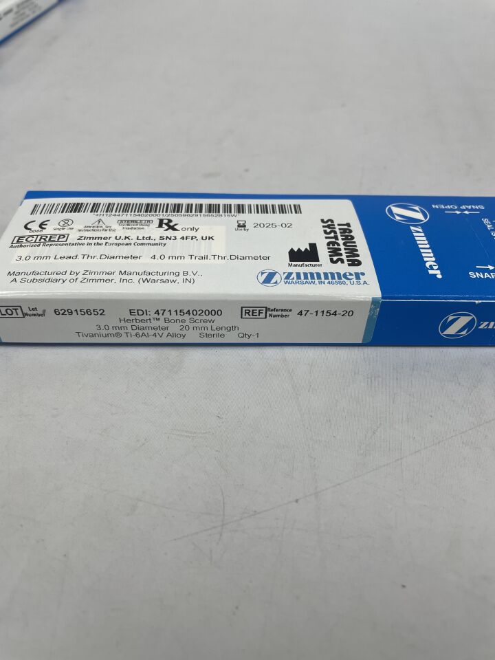 47-1154-20  -  ZIMMER  -  Herbert Bone Screw, 3.0mm diameter, 20mm length, 4.0mm trail thread diameter , ( BX/1 )  -  ( Expiry Date : 2025-02-01 )