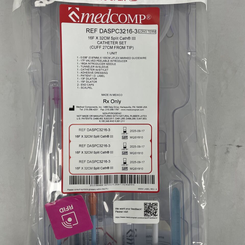 DASPC3216-3 - MEDCOMP - SET DE CATÉTER SPLIT CATH III, 16F x 32cm, MANGUITO A 27CM DE LA PUNTA, (CADA UNO) - (Fecha de caducidad: 17/09/2025)
