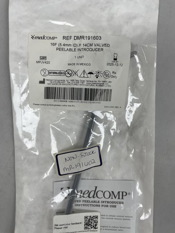 DMR191603 - MEDCOMP - Introductor pelable con válvula, 16F x 14 cm, (EA) - (Fecha de caducidad: 2025-12-12)