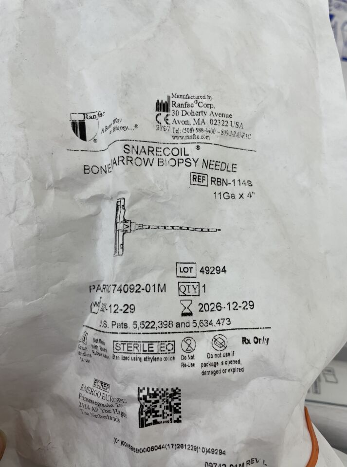 RBN-114S  -  RANFAC  -  Snare Coil Bone marrow biopsy needle, 11Ga x 4" , ( EA )  -  ( Expiry Date : 2026-12-29 )