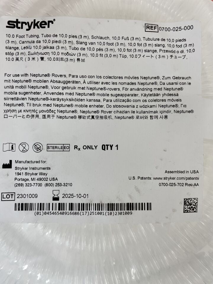 0700-025-000  -  STRYKER  -  10 Foot Tubing, for use with Neptune Rovers , ( EA )  -  ( Expiry Date : 2025-10-01 )
