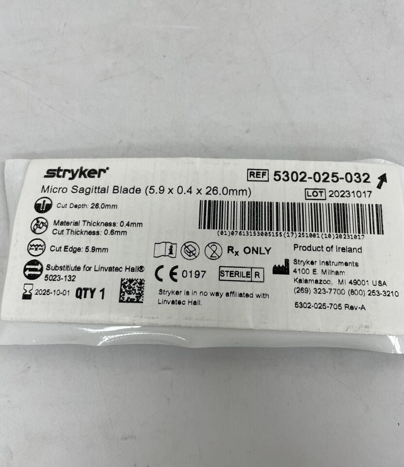 5302-025-032  -  STRYKER  -  Micro Sagittal Blade, 5.9 x 0.4 x 26.0mm , ( EA )  -  ( Expiry Date : 2025-10-01 )