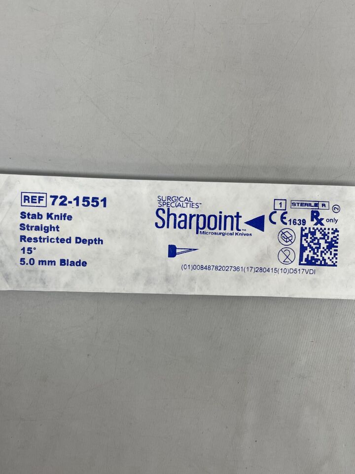 72-1551  -  SURGICAL SPECIALTIES  -  Sharpoint Stab Knife, Straight, Restricted Depth, 15 degree, 5.0 mm blade , ( EA )  -  ( Expiry Date : 2028-04-15 )