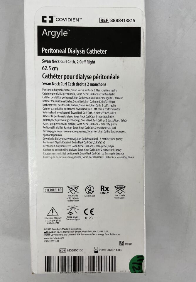 8888413815 - COVIDIEN - Argyle Peritoneal Dialysis Catheter,Swan Neck Curl Cath, 2 Cuff Right,62.5 cm, (BX/1) - ( Expiry Date: 2023-11-08 )