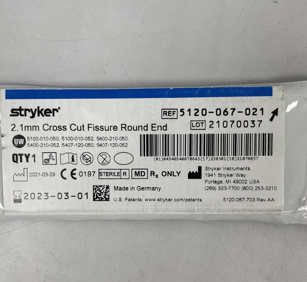 5120-067-021 - STRYKER - 2.1mm Cross Cut Fissure Round End bur, (EA) - ( Expiry Date: 2023-03-01 )