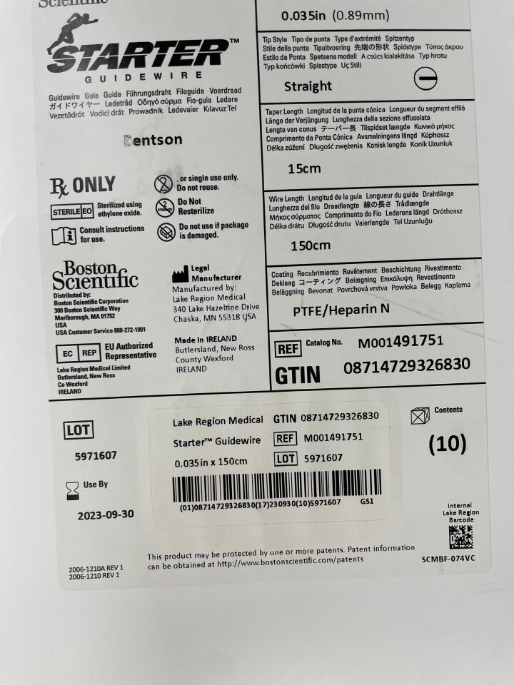 49175 - BOSTON SCIENTIFIC - Starter Guidewire - Bentson Straight - PTFE/Heparin N - .035" x 150cm, () - ( Expiry Date: 2023-09-30 )