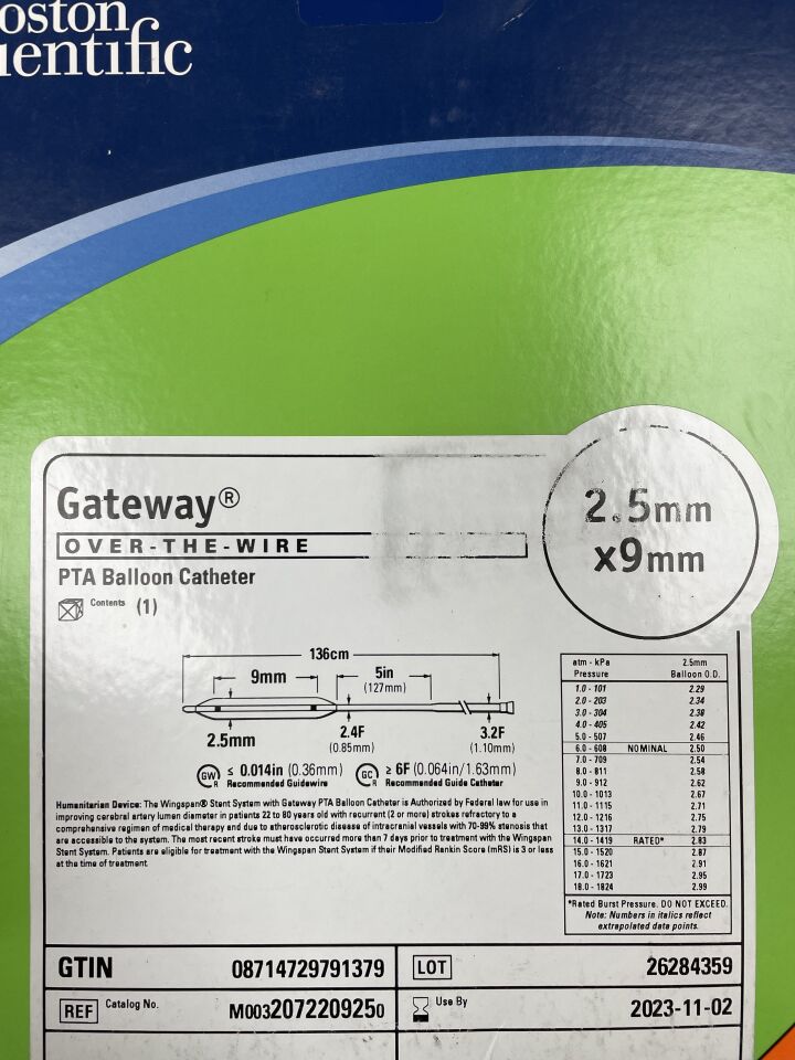 207220925 - BOSTON SCIENTIFIC - Gateway PTA Balloon Catheter, Over-The-Wire, 2.5mm x 9mm, () - ( Expiry Date: 2023-11-02 )