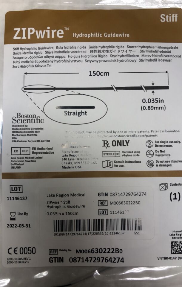 630222B - BOSTON SCIENTIFIC - ZIPwire Hydrophilic Guidewire, Stiff, Straight, 0.035" x 150cm, (EA) - ( Expiry Date: 2023-12-31 )