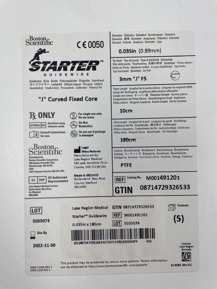 49120 - BOSTON SCIENTIFIC - Starter Guidewire, "J" Curved Fixed Core, 180cm , (BX/5) - ( Expiry Date: 2022-11-30 )