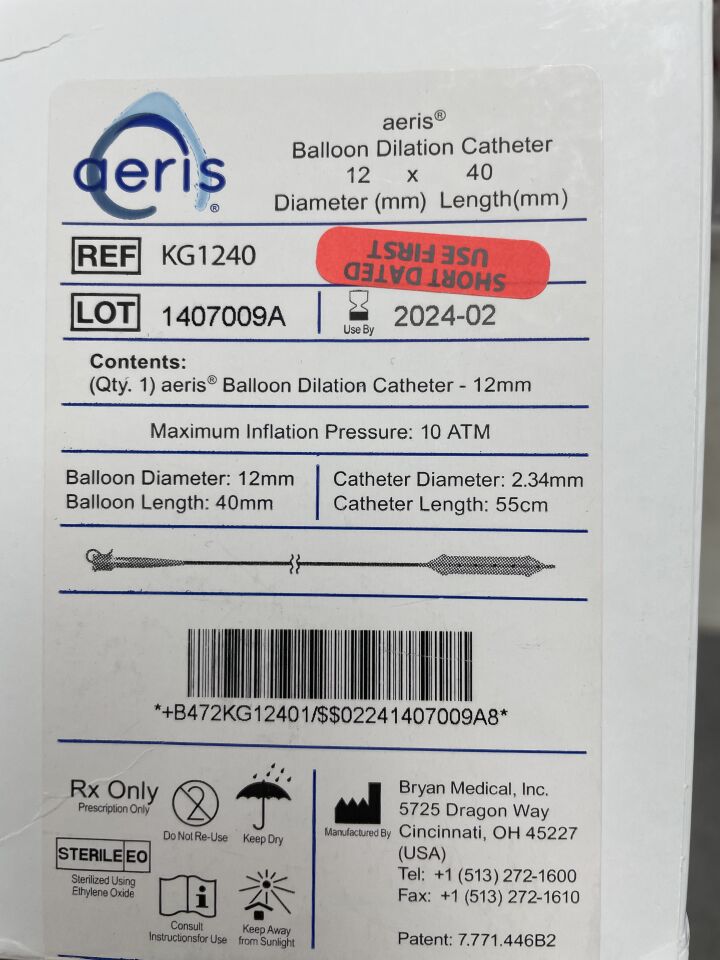 KG1240 - AERIS - Aeris Balloon Dilation Catheter 12mm x 40mm, 55cm
, () - ( Expiry Date: 2024-02-28 )