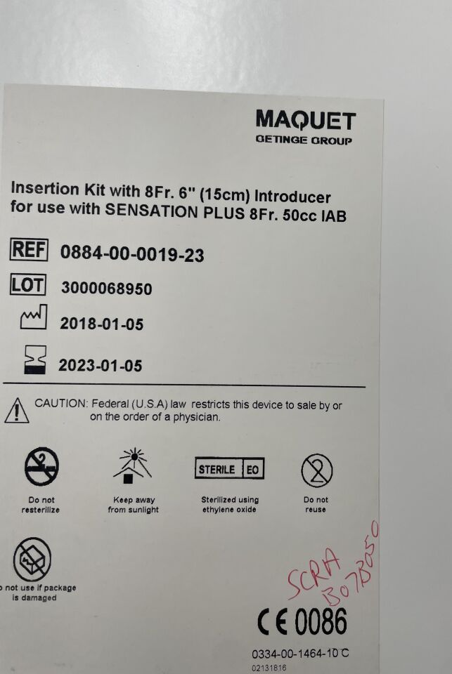 0884-00-0019-23 - MAQUET - Insertion Kit with 8Fr. 6” (15cm) Introducer for Use with the SENSATION PLUS 8Fr 50cc IAB, (BX/1) - ( Expiry Date: 2023-01-05 )