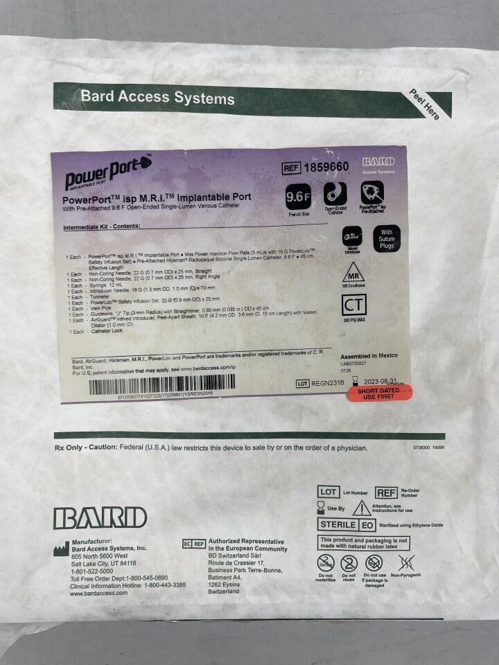 1859660 - BARD - PowerPort isp M.R.I. Implantable Port with Pre-Attached 9.6F  Open-Ended Single-Lumen Venous Catheter. Intermediate Kit (with Suture Plugs), (EA) - ( Expiry Date: 2023-08-31 )
