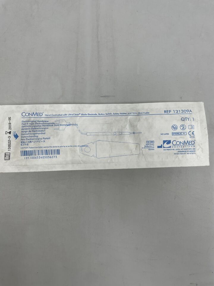 131309A - CONMED - Electrosurgical Handpiece, HAND CONTROLLED with UltraClean BLADE ELECTRODE, BUTTON SWITCH, SAFETY HOLSTER, AND 10 FT CABLE , (EA) - ( Expiry Date: 2018-05-01 )