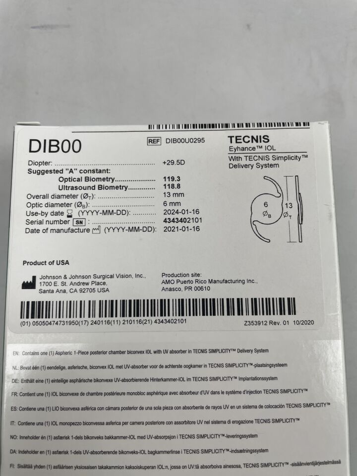 DIB00U0295 - JOHNSON & JOHNSON - TECNIS Eyhance IOL with TECNIS Simplicity Delivery System, +29.5D
, () - ( Expiry Date: 2024-01-16 )