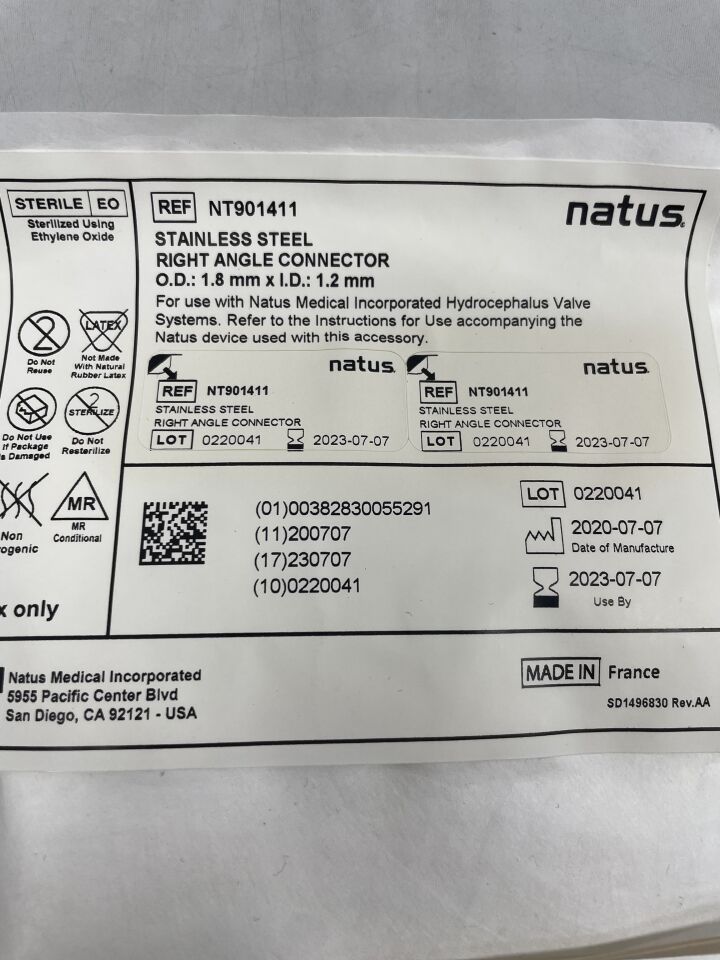 NT901411 - NATUS - STAINLESS STEEL RIGHT ANGLE CONNECTOR, 1.8mm OD x 1.2mm ID, (EA) - ( Expiry Date: 2023-07-07 )