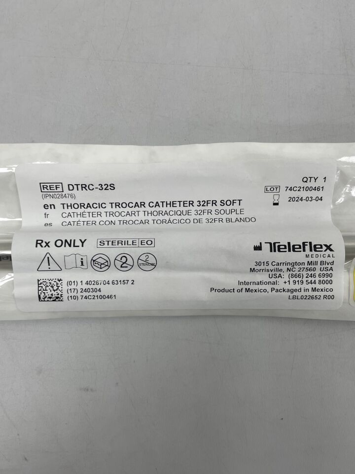 DTRC-32S - TELEFLEX - pleur-evac thoracic trocar catheter, 32fr, soft, (EA) - ( Expiry Date: 2024-03-04 )
