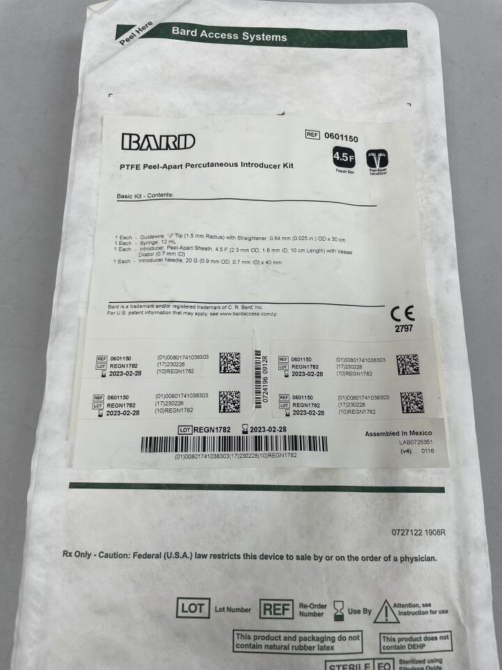 601150 - BARD - PTFE PEEL-APART 5F PERCUTANEOUS INTRODUCER KIT, 4.5F, 10.5cm, (EA) - ( Expiry Date: 2023-02-28 )