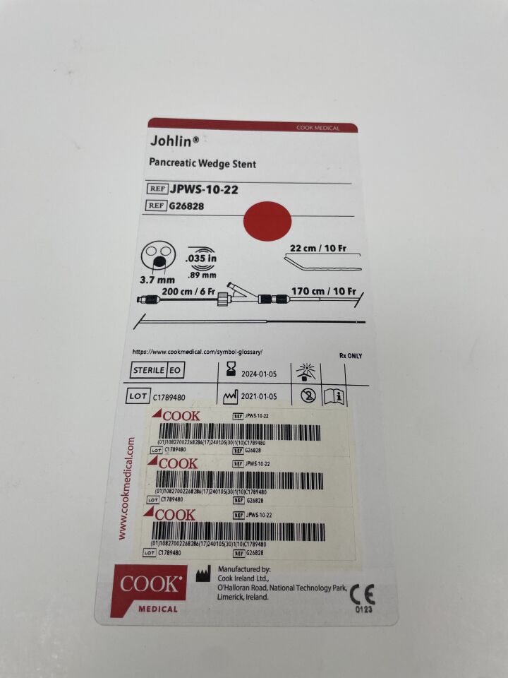 G26828 - COOK - Johlin, Pancreatic Wedge Stent, 10FR, .035"x22cm, (BX/1) - ( Expiry Date: 2024-01-05 )