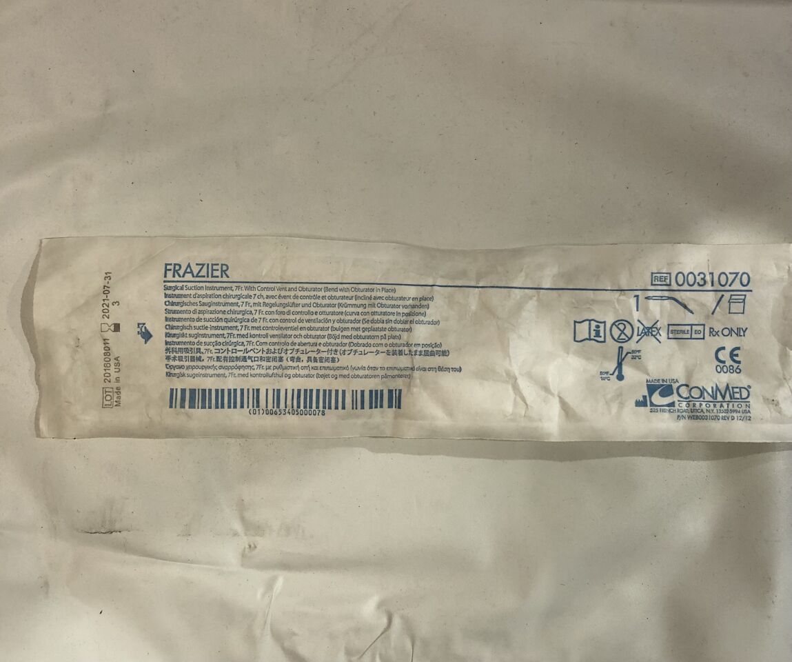 31070 - CONMED - FRAZIER Suction Instrument 7 Fr with Control Vent & Obturator, (EA) - ( Expiry Date: 2021-07-31 )