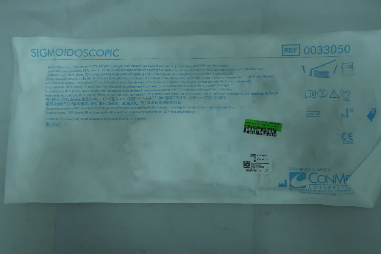 33050 - CONMED - Sigmoidoscopic Suction Instrument, 18FR, 12” length with winged cap control vent and 6’ clear plastic tubing, reattached, (EA) - ( Expiry Date: 2024-04-22 )