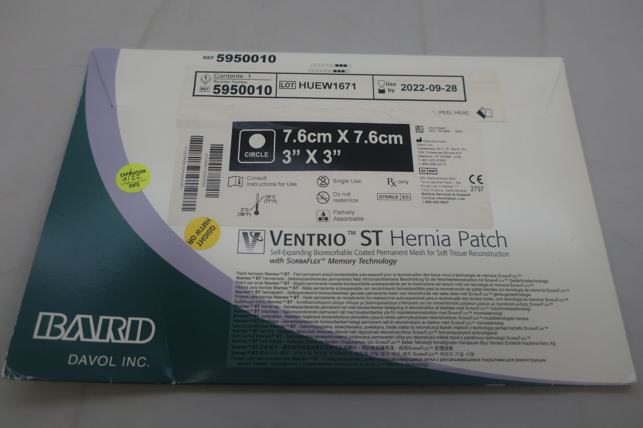 5950010 - BARD - Ventrio Self-Expanding ST Hernia Patch,Bioresorbable Coated Permanent Mesh, Circle, Large. 3"x3", () - ( Expiry Date: 2020-06-28 )