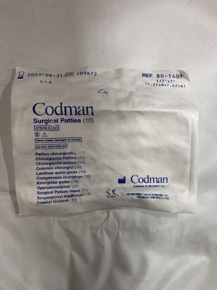 80-1407 - CODMAN - SURGICAL PATTIES 1/4" X 1/4" (Pack of 10), (EA) - ( Expiry Date: 2023-03-31 )