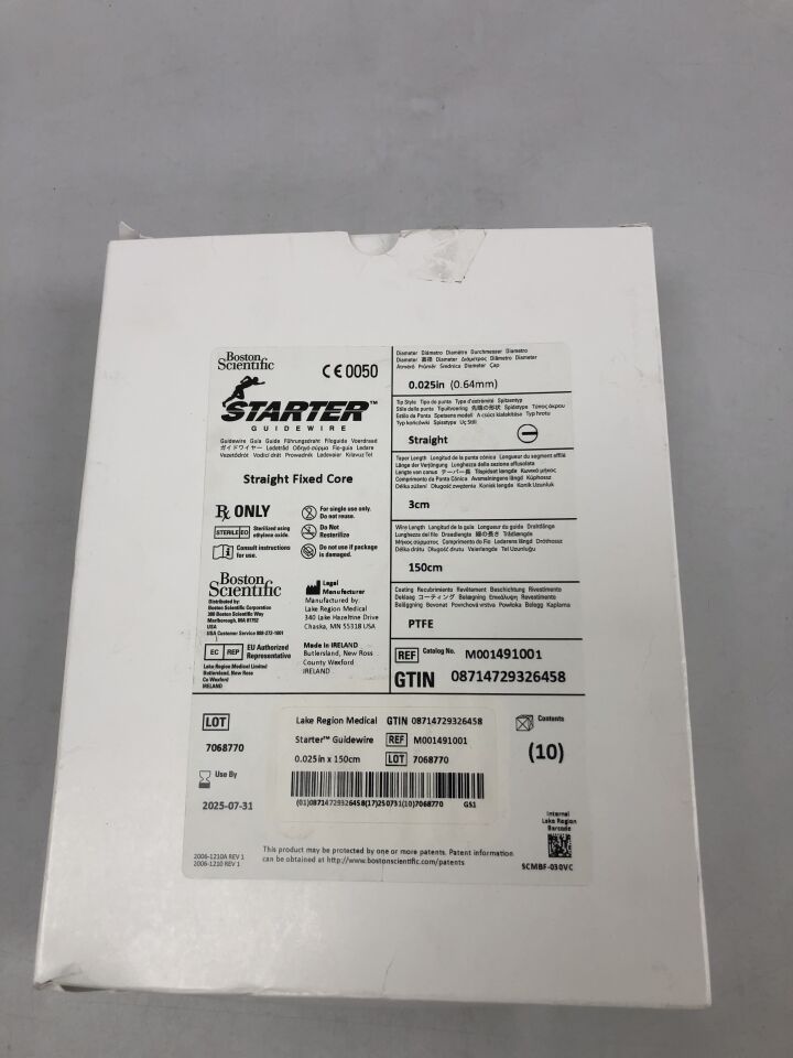 49100 - 波士頓科學 - 起始導絲 - 直型固定芯 - 0.025 英寸 x 150 厘米，（10 支/盒） - （有效期至：2025 年 7 月 31 日）