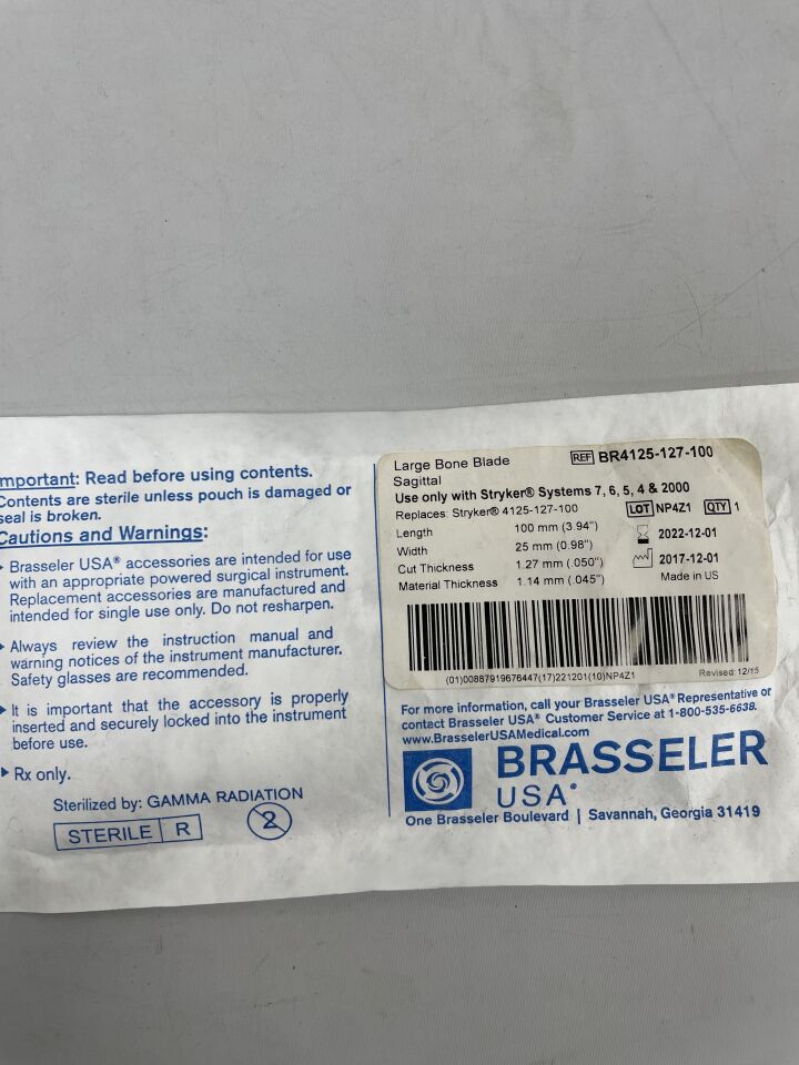 BR4125-127-100 - BRASSELER - Large Bone Blade Sagittal 100mm x 25mm, (EA) - ( Expiry Date: 2022-12-01 )