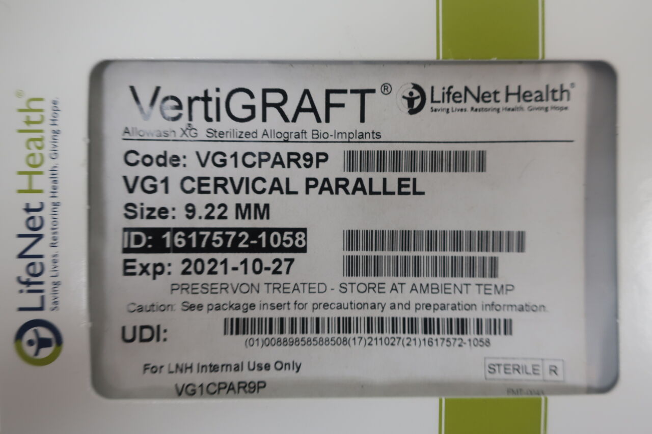 VG1CPAR9P - LIFENET HEALTH - VG1  Allowash XG, Allograft Bio-Implants Cervical Parallel, 9.22mm, (EA) - ( Expiry Date: 2021-10-27 )
