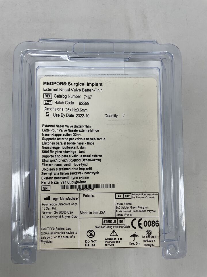 7167 - STRYKER - Medpor Surgical Implant External Nasal Valve, Batten-Thin, 25 x 11 x 0, 6mm, () - ( Expiry Date: 2022-10-01 )