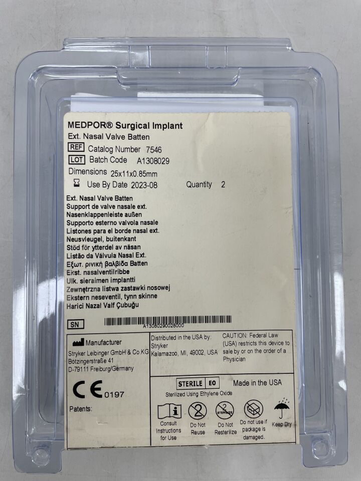 7546 - STRYKER - Medpor Surgical Implant, External Nasal Valve Batten, 25 x 11 x .085mm, () - ( Expiry Date: 2023-08-01 )