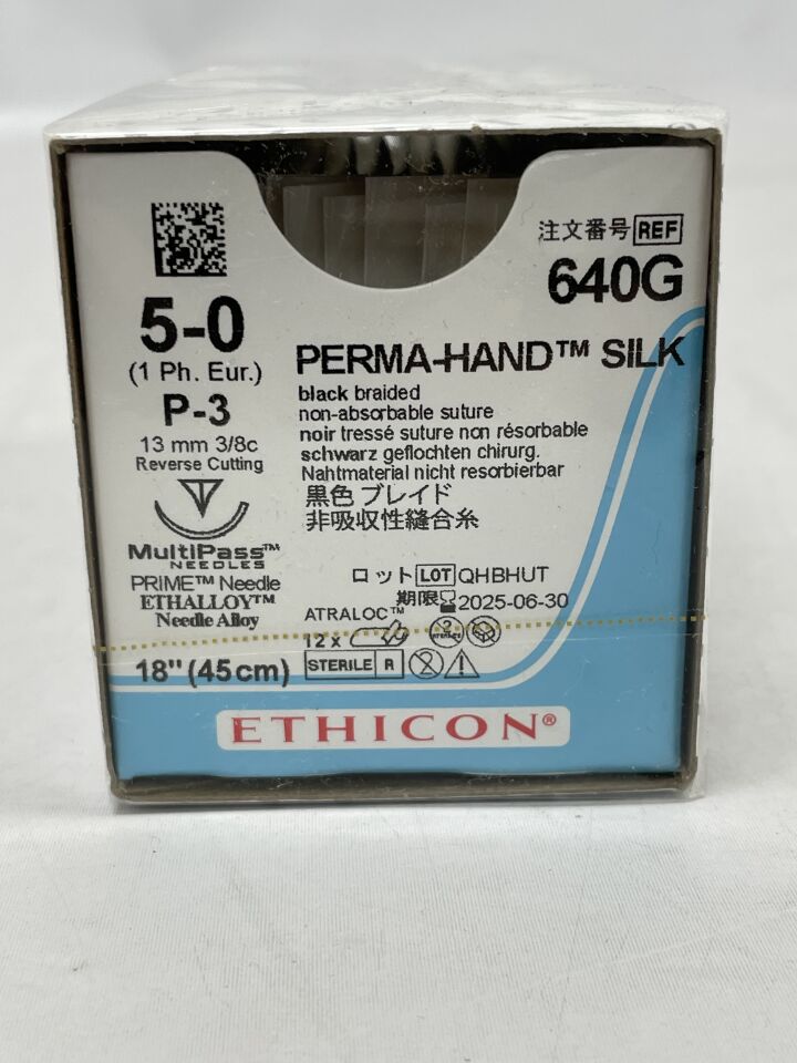 640克 - ETHICON - 5-0號，18吋長，黑色，絲質，編織，3/8圓，13毫米針長，（盒裝/12）-（有效期至：2025年6月30日）