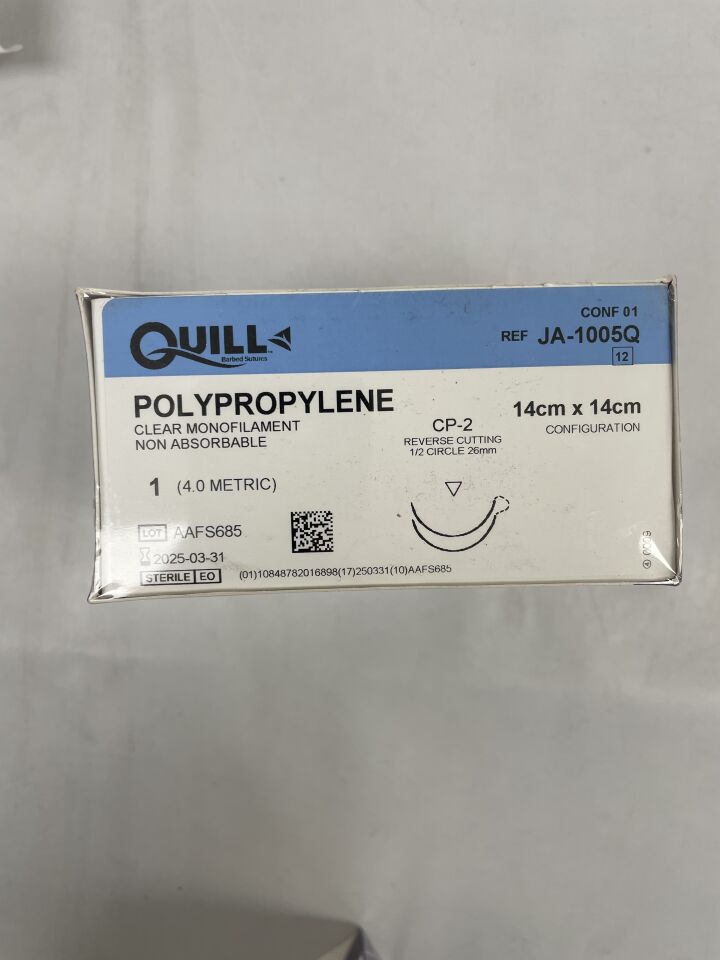 Ja-1005q - Suturas Quill de polipropileno transparente, CP-2, corte inverso, doble brazo (14 cm x 14 cm), (caja de 12) - (Fecha de caducidad: 31/03/2025)