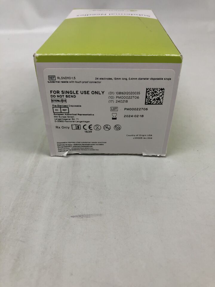 RLSND110-1.5 - RHYTHMLINK - Subdermal Needle with Touch Proof Connector, 13mm long, 0.4mm diameter, (BX/24) - ( Expiry Date: 2024-02-18 )