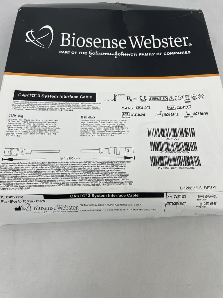 CB3410CT - BIOSENSE WEBSTER - CARTO 3 System Interface Cable - 34 Pin Blue to 10 Pin Black - For BWI Diagnostic Catheters & CARTO 3 System - 10ft, (BX/1) - ( Expiry Date: 2023-08-18 )