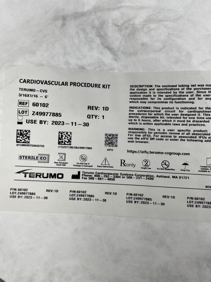 60102 - TERUMO - Cardiovascular Procedure Kit, 3/16 x 1/16, 6', (EA) - ( Expiry Date: 2023-11-30 )