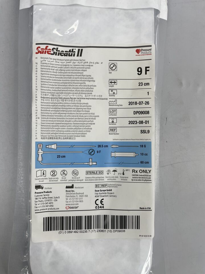 SSL9 - OSCOR - SafeSheath II Hemostatic Tear-away Introducer System with Infusion Side Port, 9F, 23cm, (EA) - ( Expiry Date: 2023-08-01 )