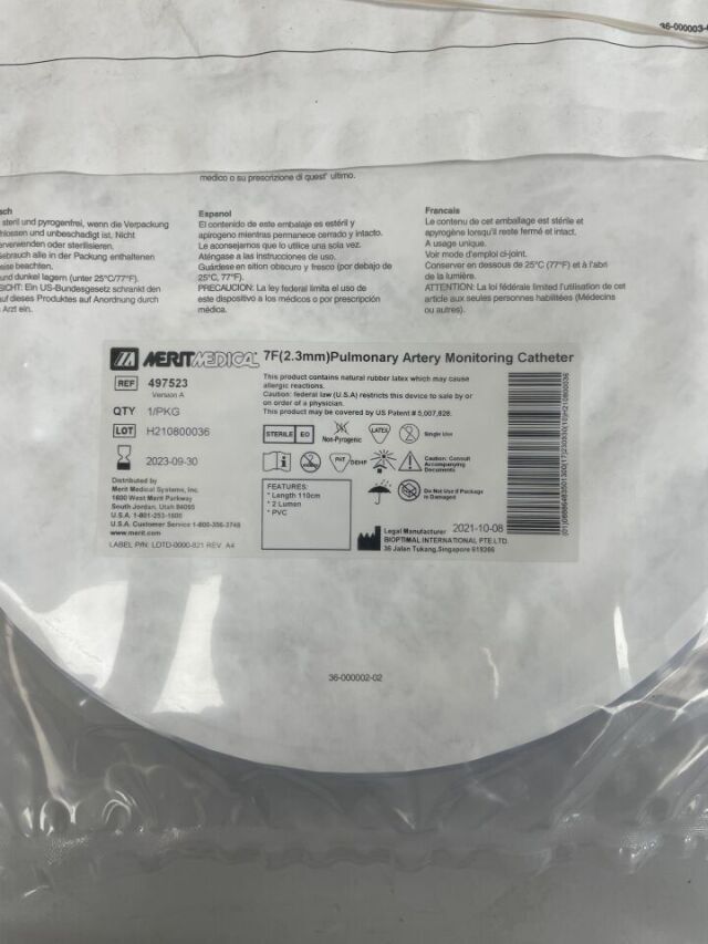 497523 - MERIT - Pulmonary Artery Monitoring Catheter, 7F, (EA) - ( Expiry Date: 2023-09-30 )