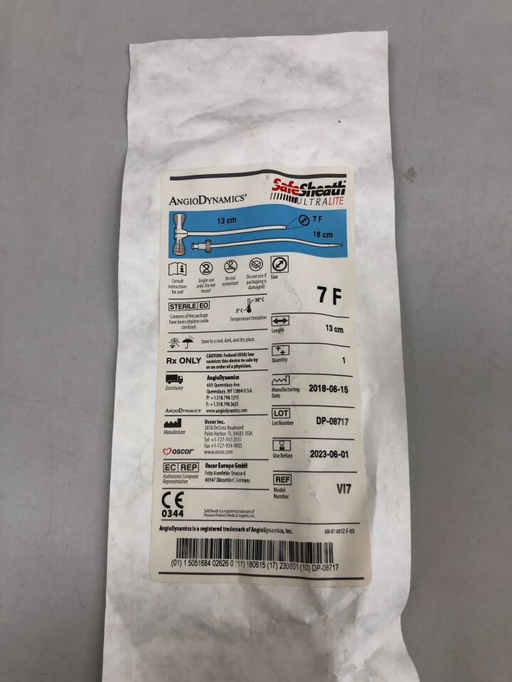 VI7 - OSCOR - SafeSheath UltraLite TEAR-AWAY HEMOSTATIC VALVED SHEATH SYSTEM, 13cm length, 7F, (EA) - ( Expiry Date: 2023-06-01 )