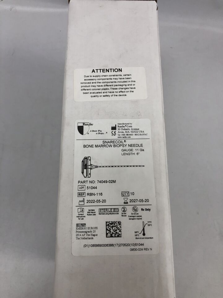 RBN-116  -  RANFAC  -  Snarecoil Bone Marrow Biopsy Needle, 11G X 6in length , ( BX/10 )  -  ( Expiry Date : 2027-05-20 )