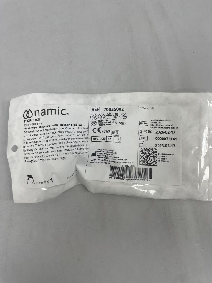 70035002  -  MEDLINE  -  namic 3-way stopcock, medium pressure, off, rotating male collar, female fitting 400 psi , ( EA )  -  ( Expiry Date : 2026-02-17 )
